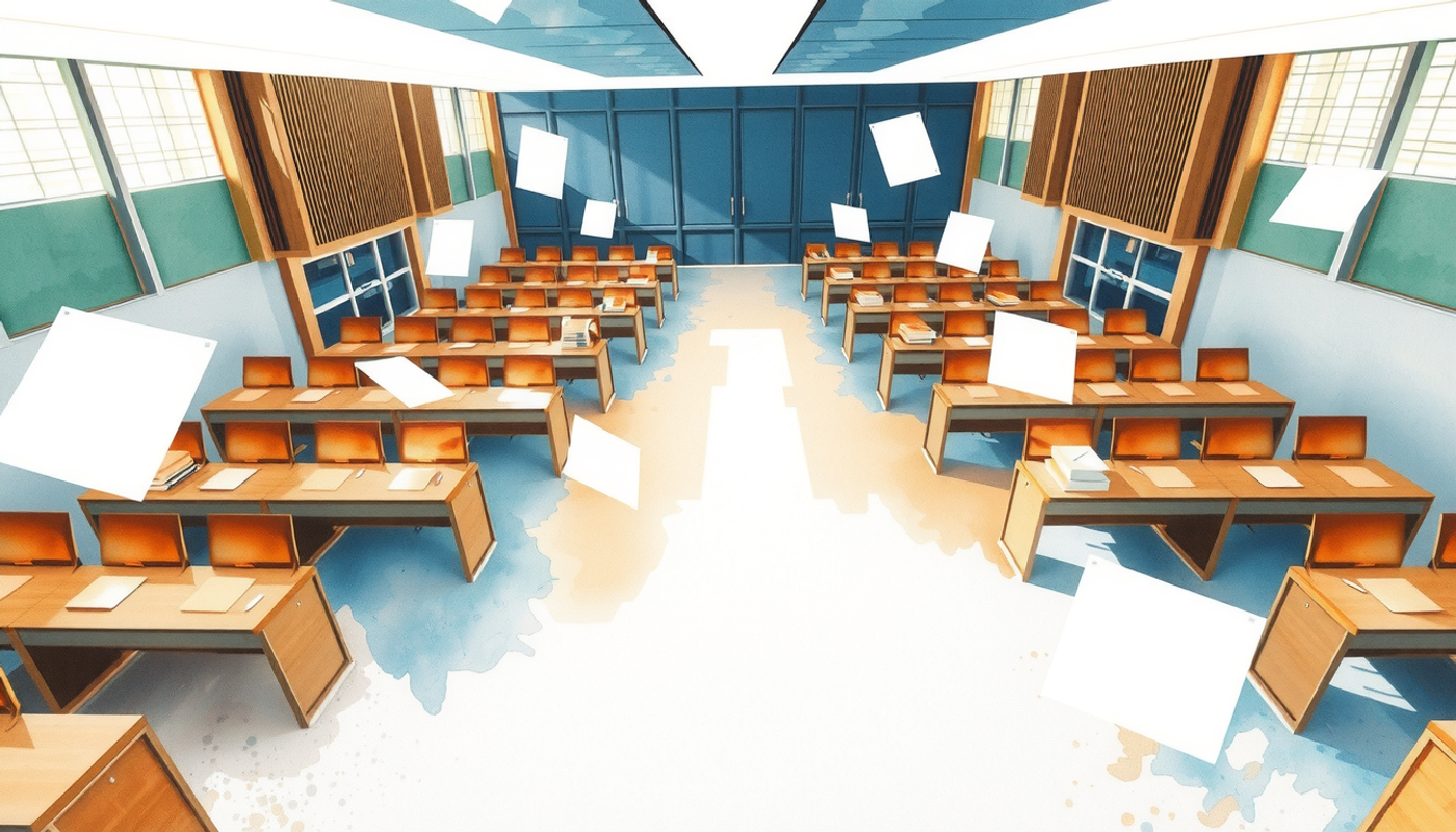 Aerial view of an empty exam hall with desks and laptops.