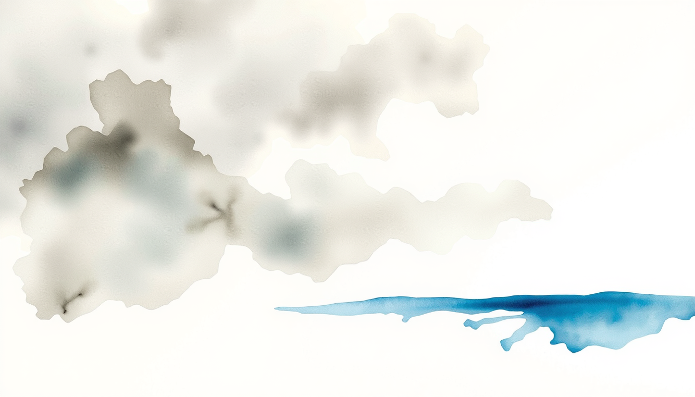 Dense fog lifting over calm water, revealing clear blue tones.
