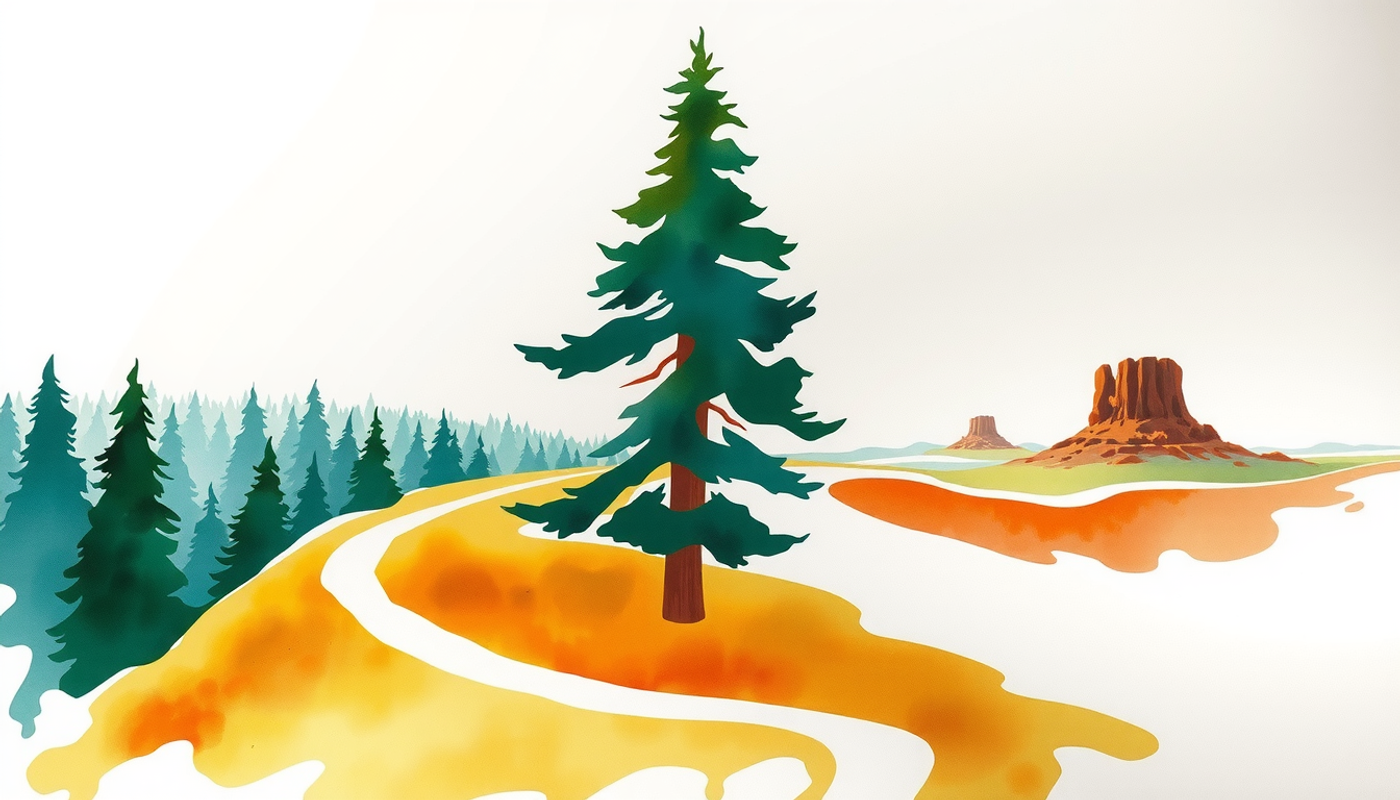 Fork in a trail: forest path vs. open terrain landmarks.