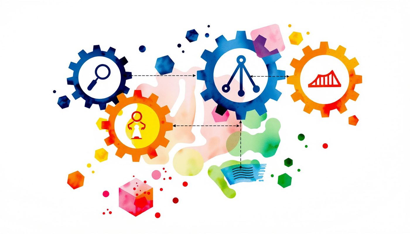 Interconnected colorful gears above an abstract brain, symbolizing different mechanisms.