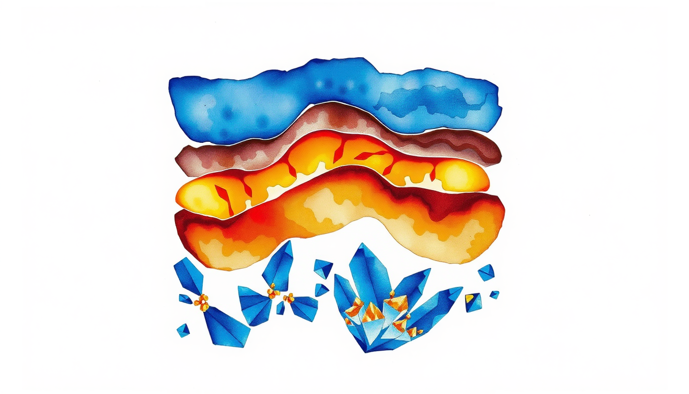 Watercolor cross-section of geological strata in layered colors.