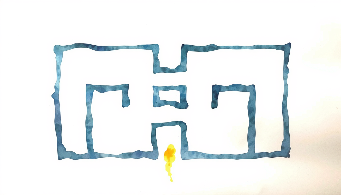 Overhead view of a geometric maze with a glowing amber path.