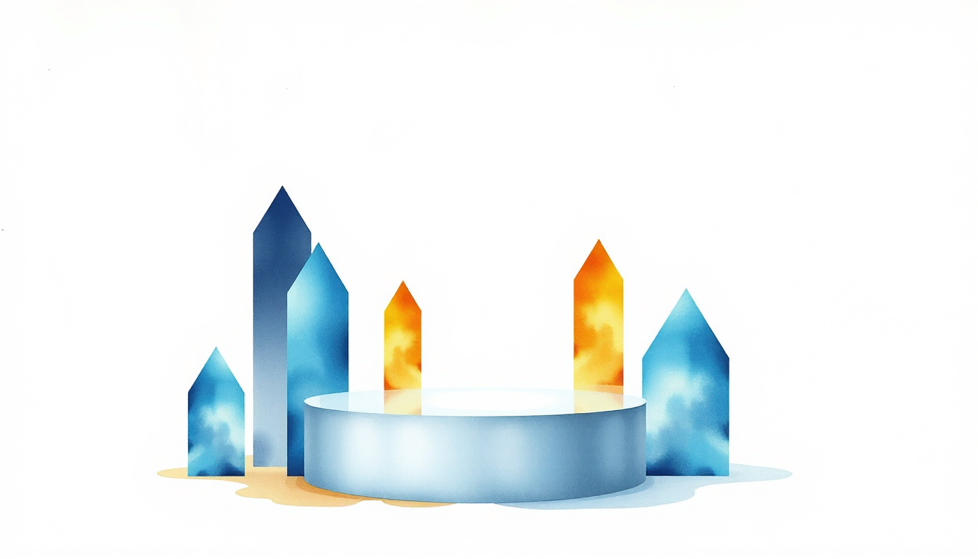 Podium with abstract geometric shapes showcasing various study techniques in indigo and gold.