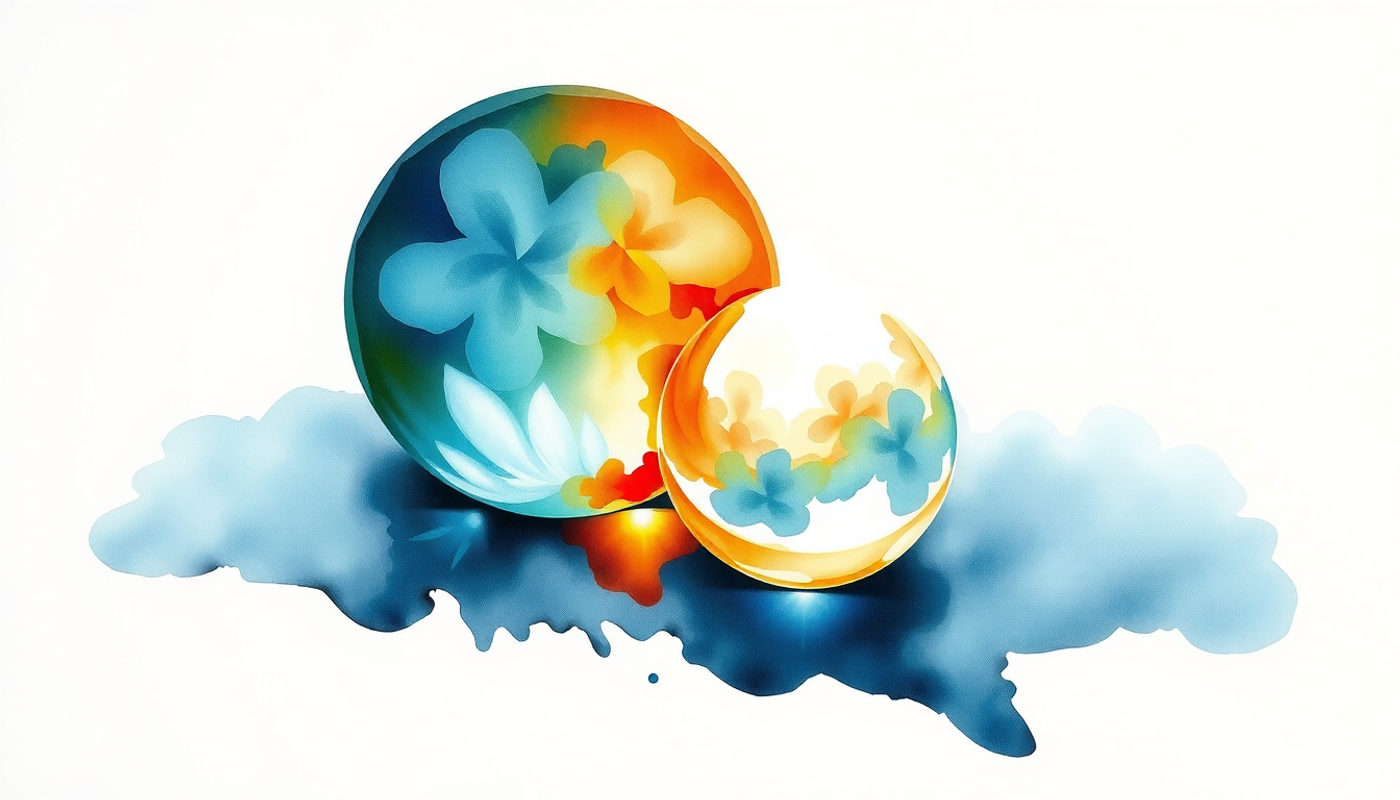 Two glass spheres on a dark surface, one glowing brightly.