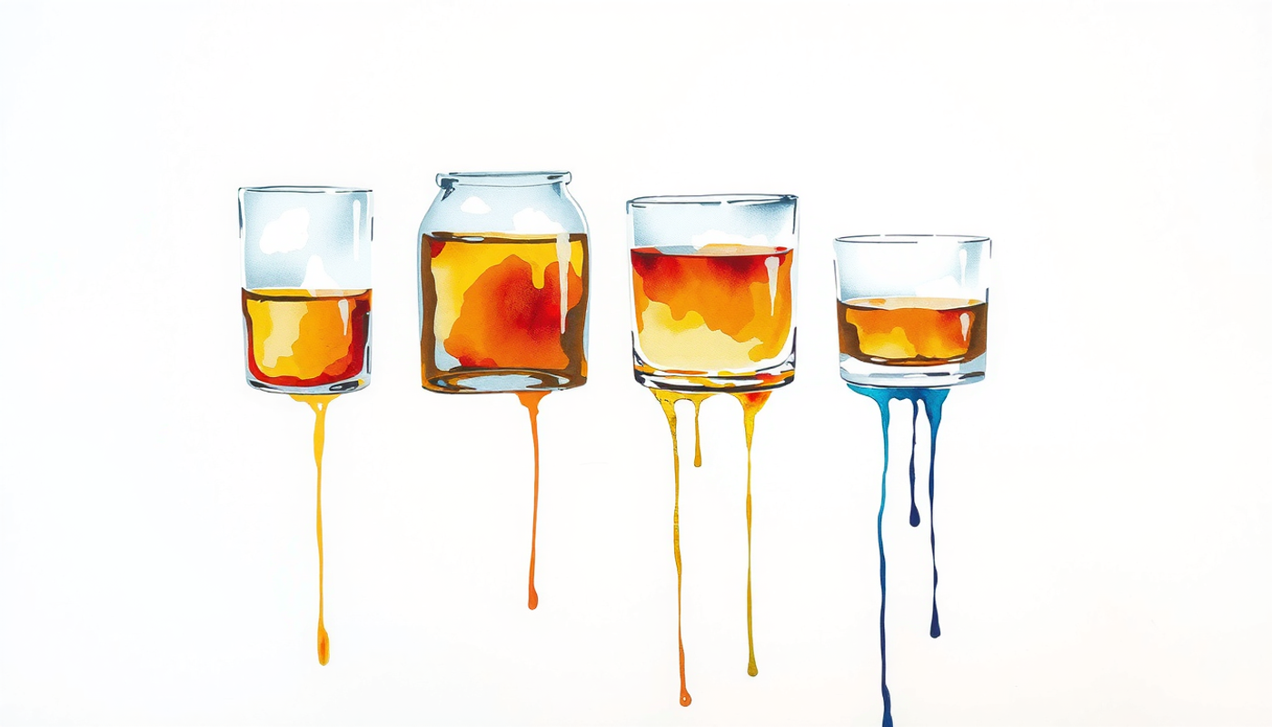 Row of unlabelled glass vessels with amber fluids on steel surface.