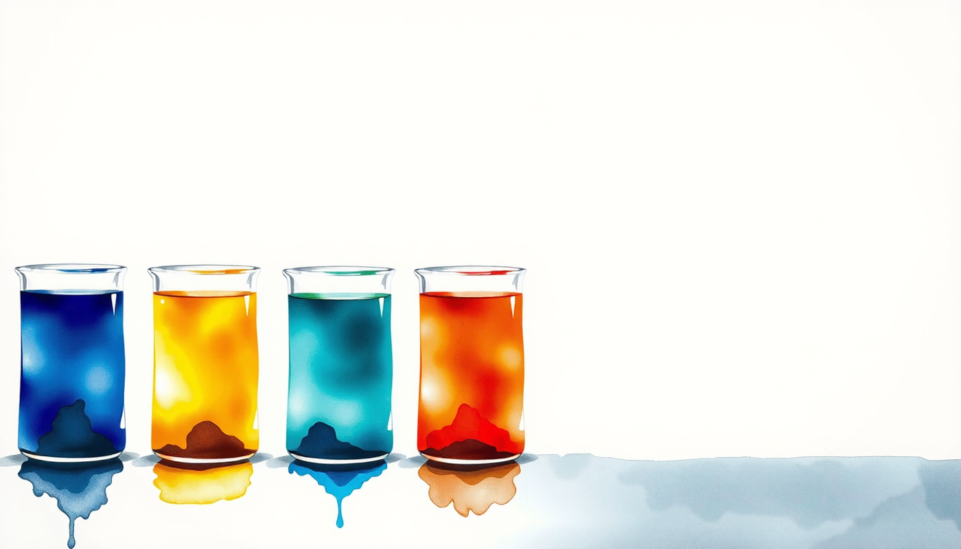 Four identical glass vessels with luminous liquid at varying heights.