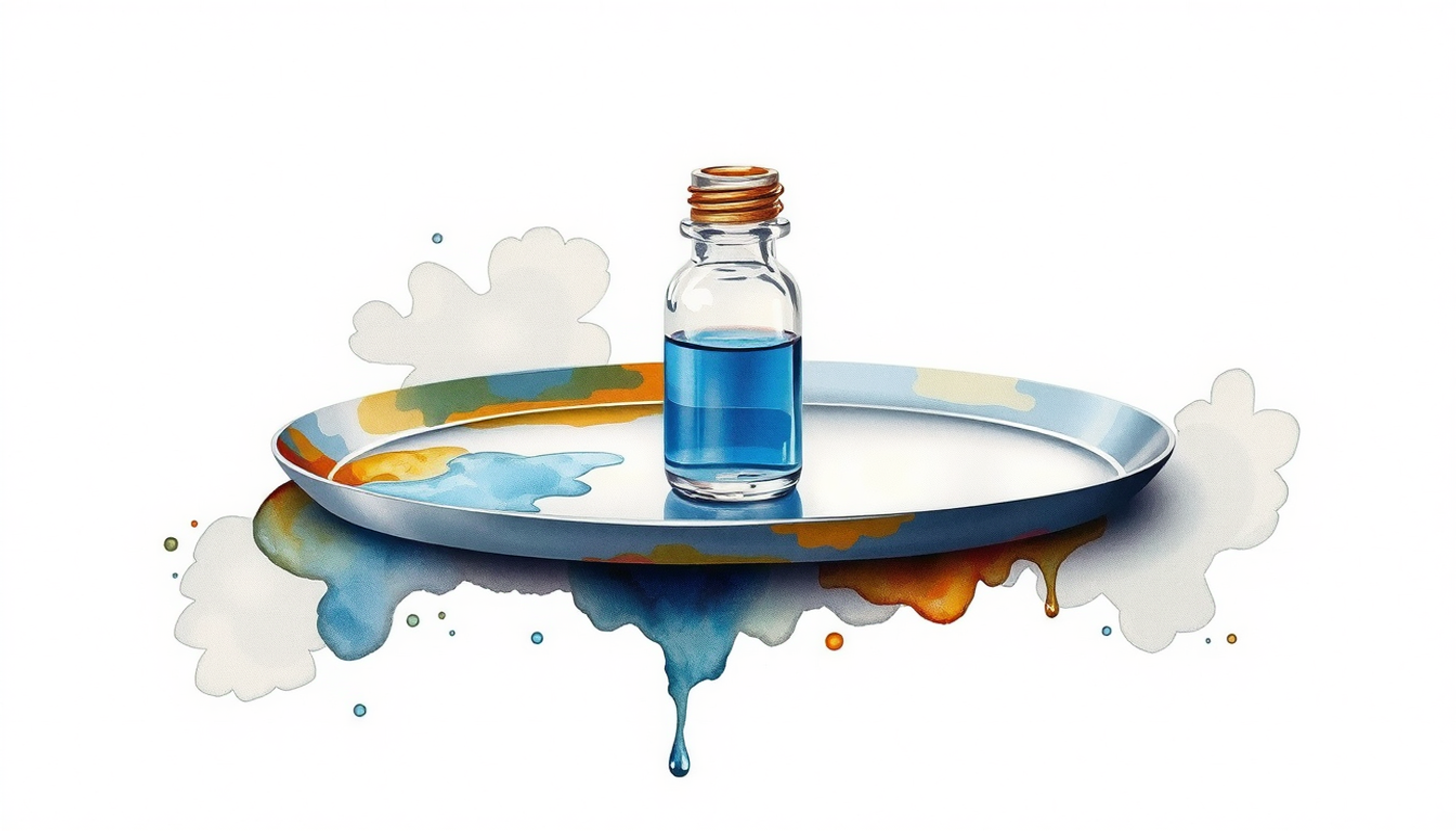 Small glass vial of clear liquid on stainless steel tray.