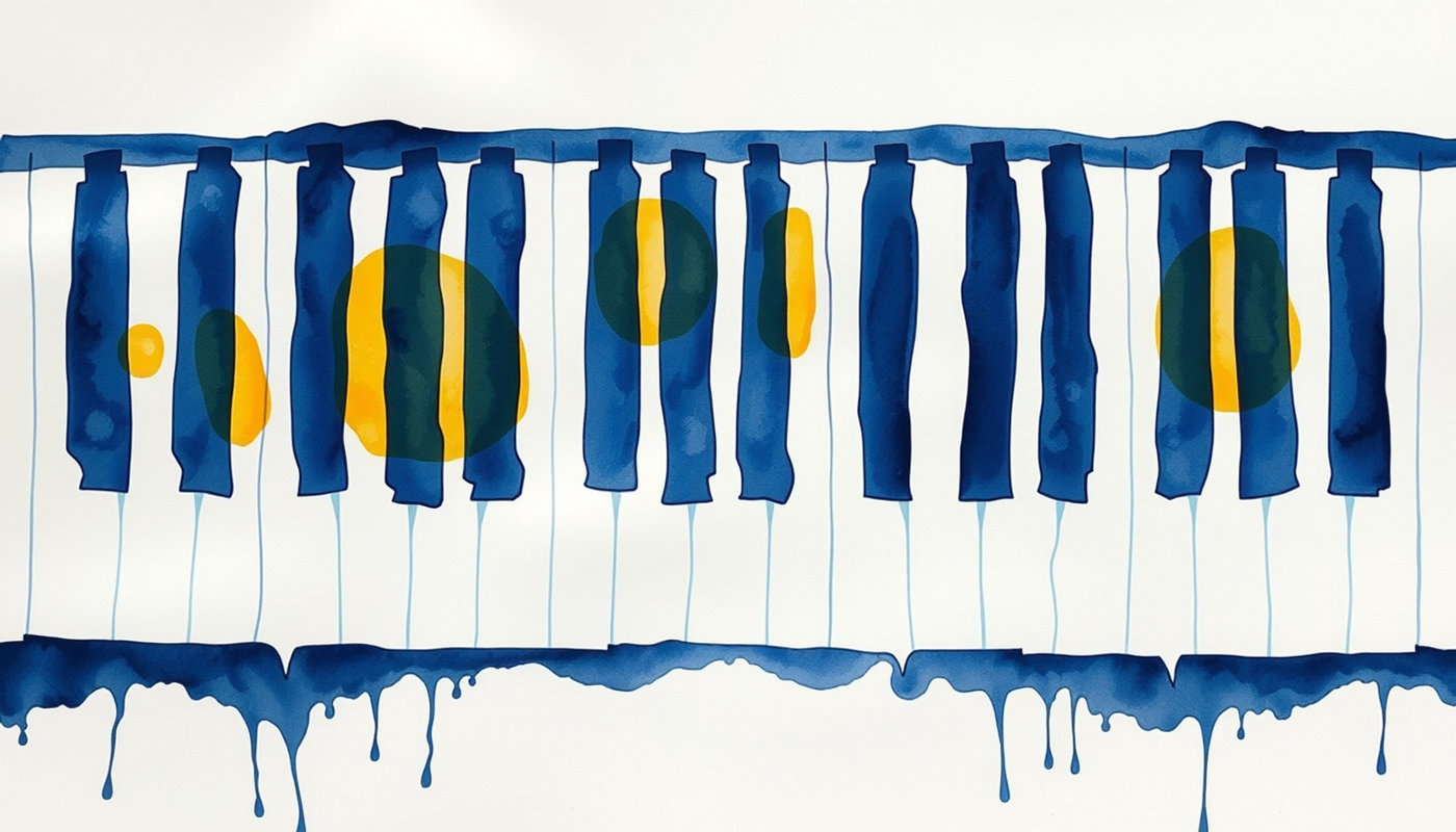 Grand piano keyboard with warm golden keys and cool shadows.