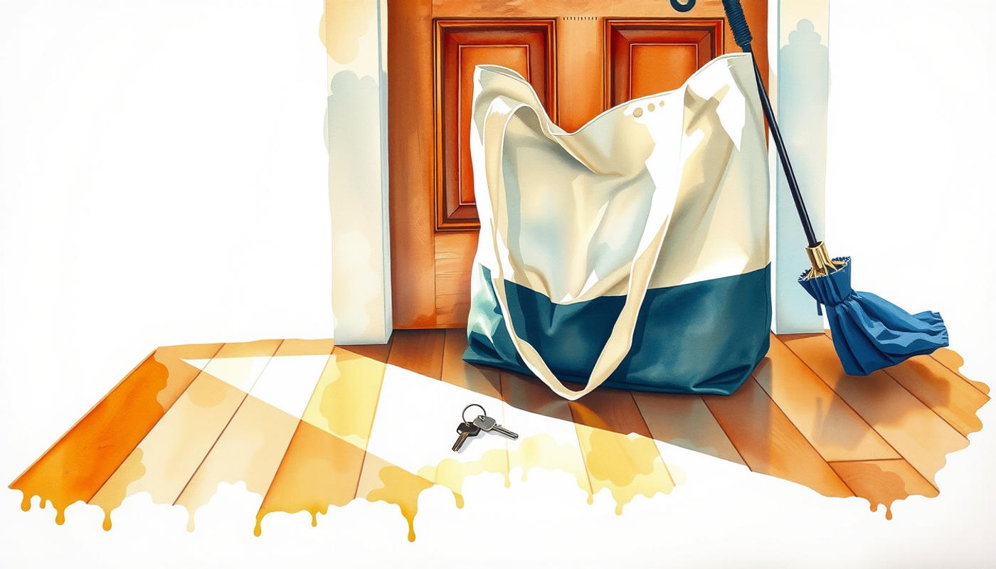 Open canvas bag on wooden floor by front door, morning light.