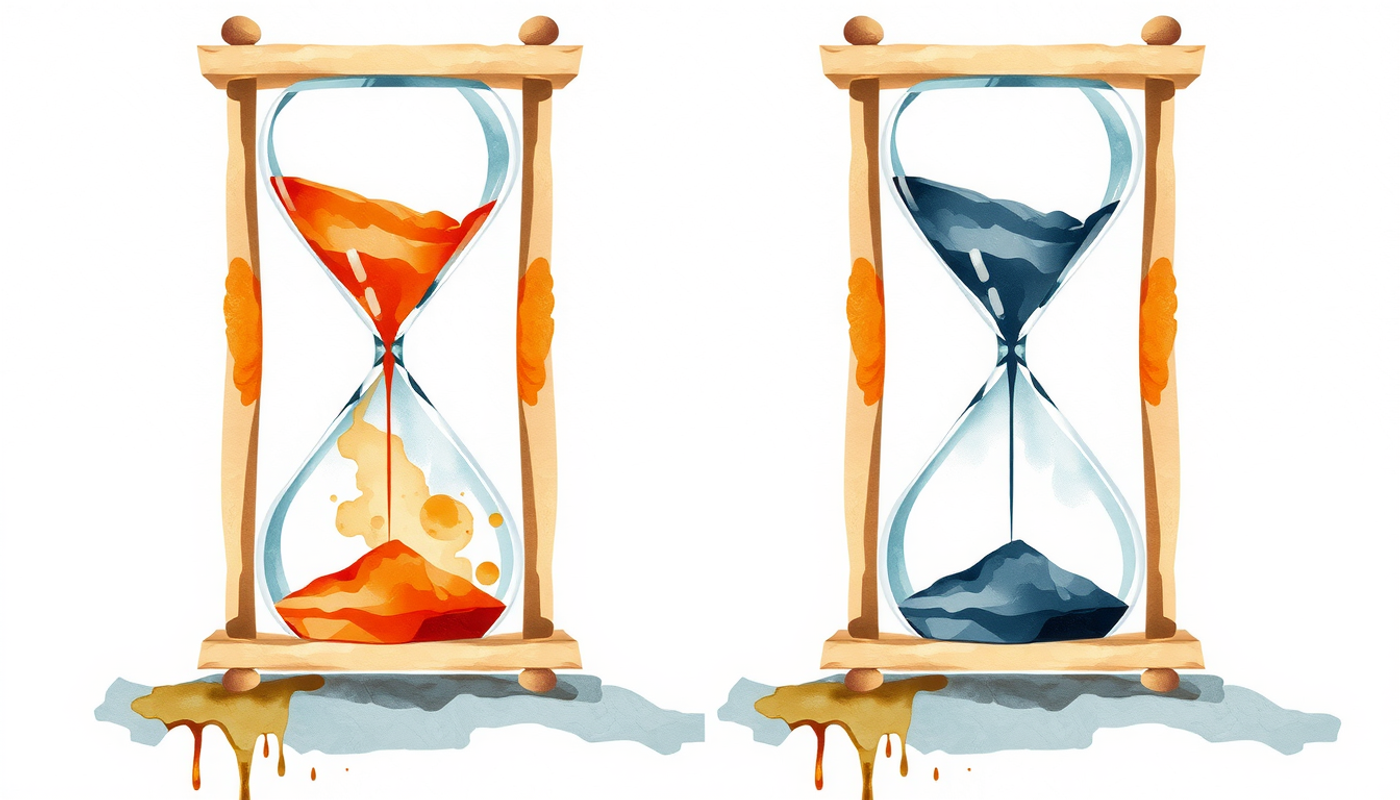 Two glass hourglasses with amber and dark sand on slate.