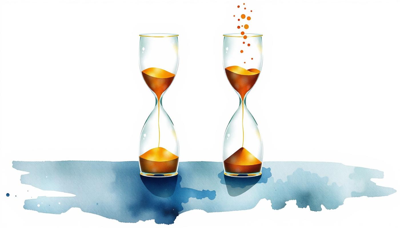 Identical hourglasses symbolize contrasting moments of waiting.
