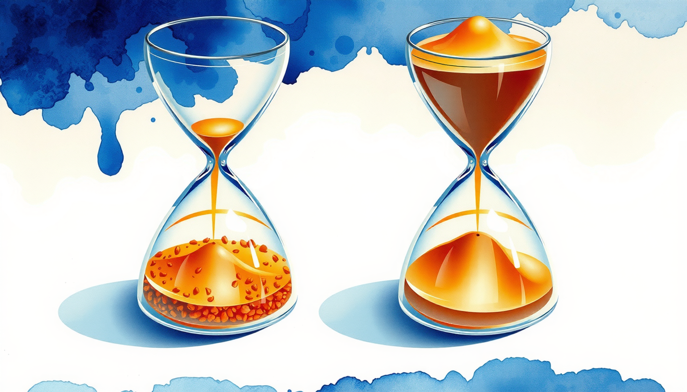 Two hourglasses in warm light, one nearly empty, one full.
