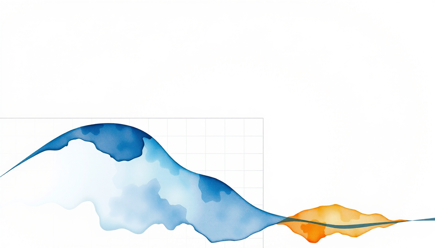 Glowing indigo line graph with steep downward curve on pale grid.