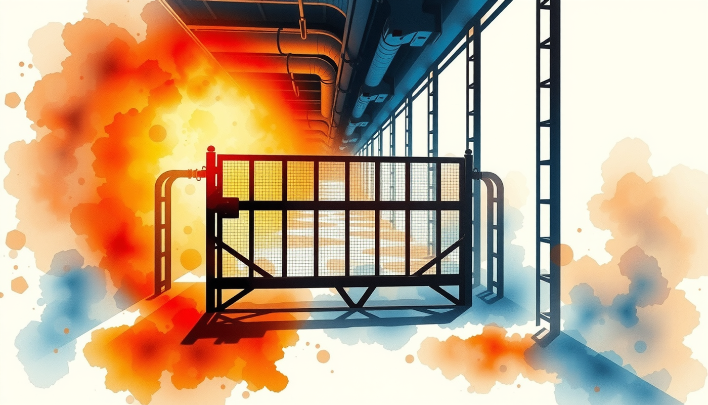 Heavy steel gate blocking an empty industrial corridor with warm light.