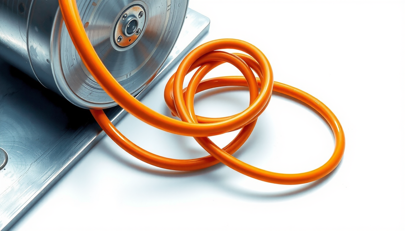 Coiled orange rubber cable beside a smooth metal cylinder.