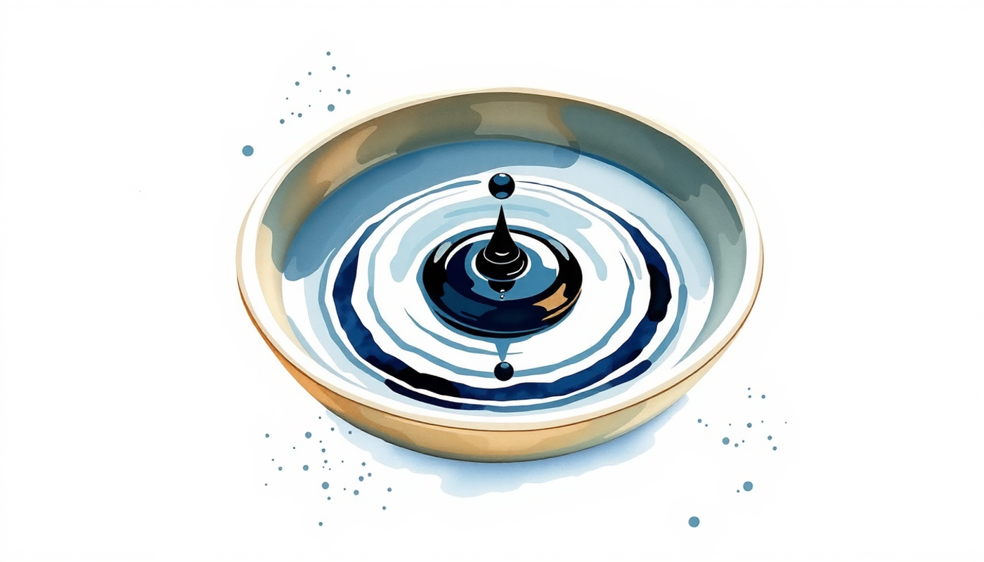 Dark ink droplet creating ripples in still water dish.