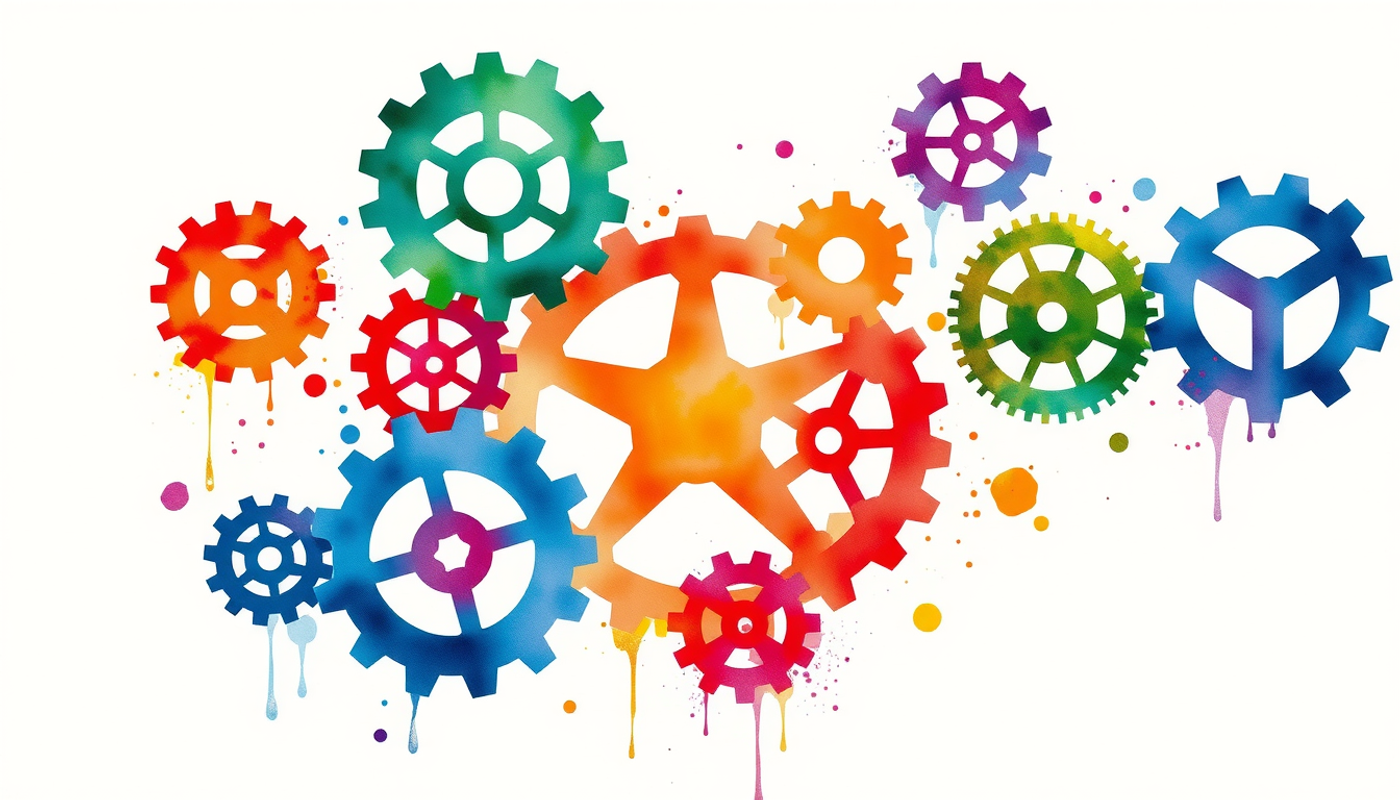 Interconnected colorful gears floating in space, symbolizing theoretical mechanisms.