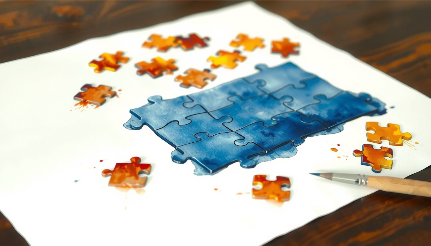 Partially completed jigsaw puzzle on dark table with scattered pieces.
