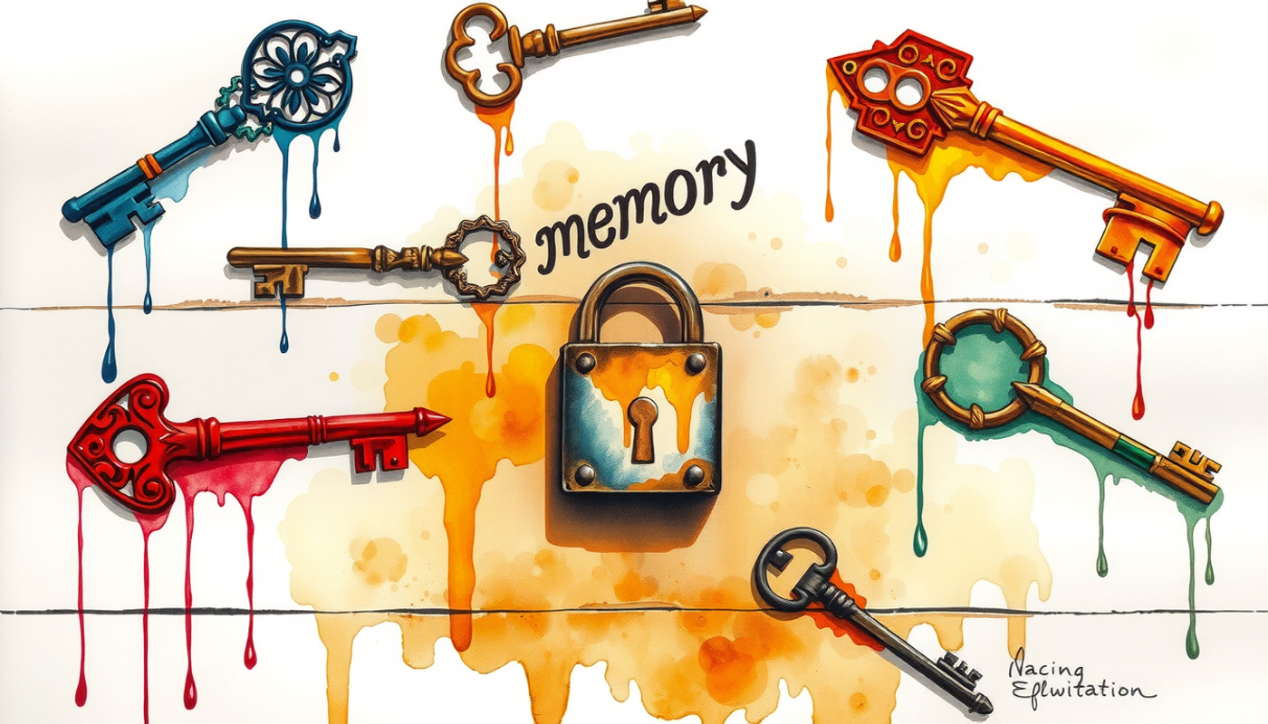 Watercolor keys in a circle, symbolizing memory formation strategies.
