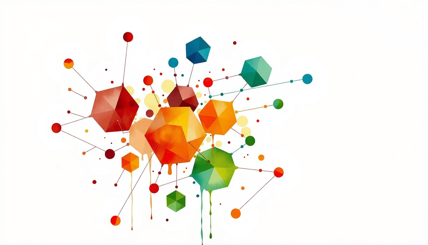 Geometric knowledge graph with glowing, pulsing nodes on dark background.