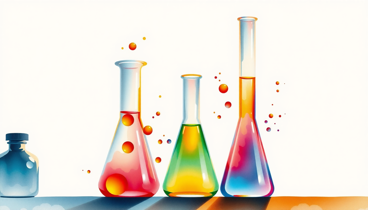 Watercolor painting of a lab bench with glowing beakers and learning strategies.