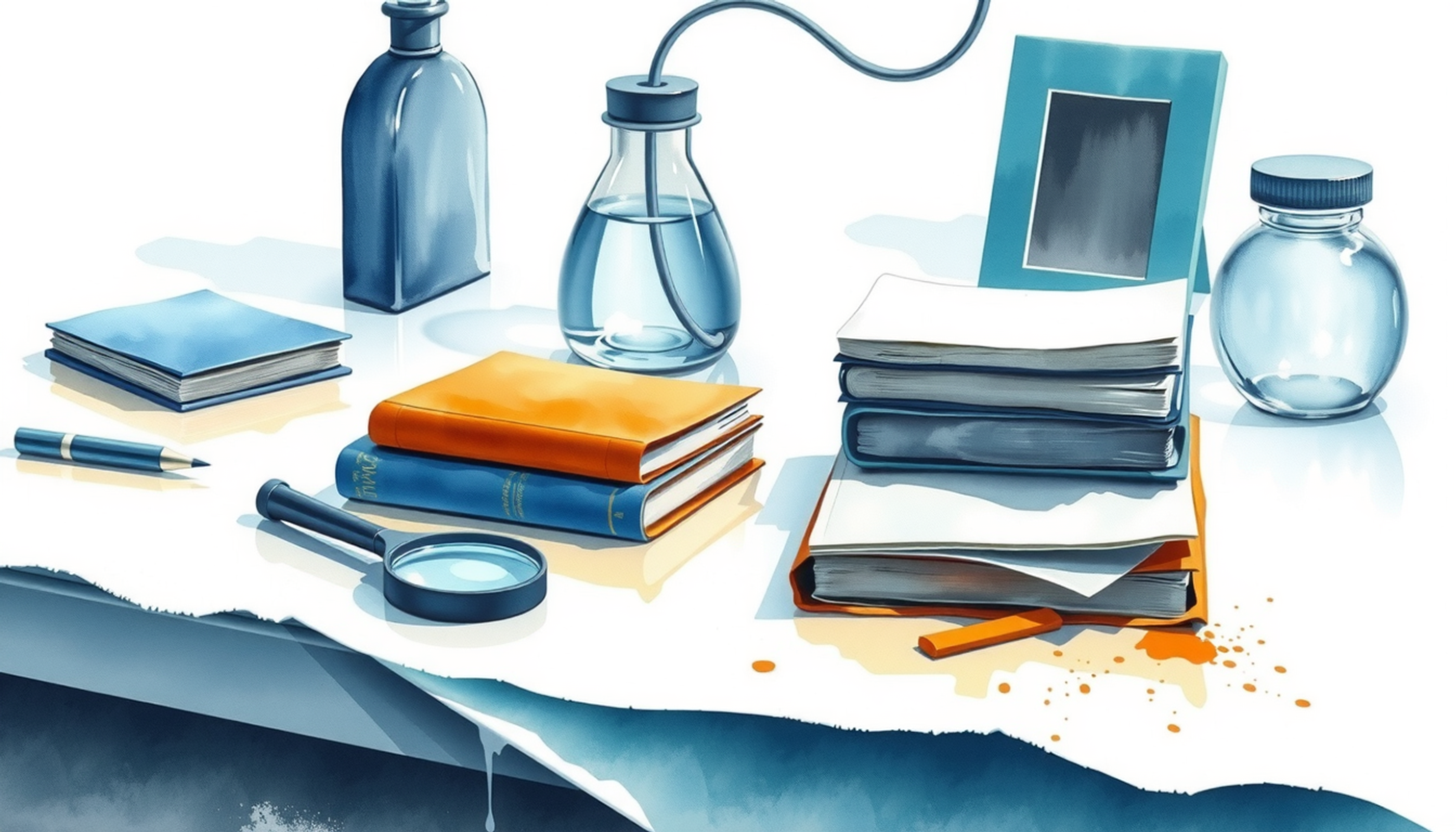 Magnifying glass on laboratory bench with journals and index cards.