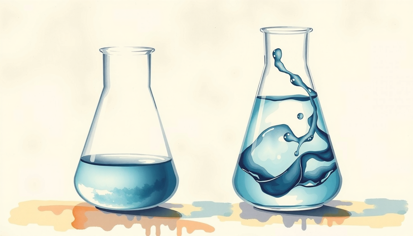 Identical glass beakers with swirling liquid on charcoal surface.