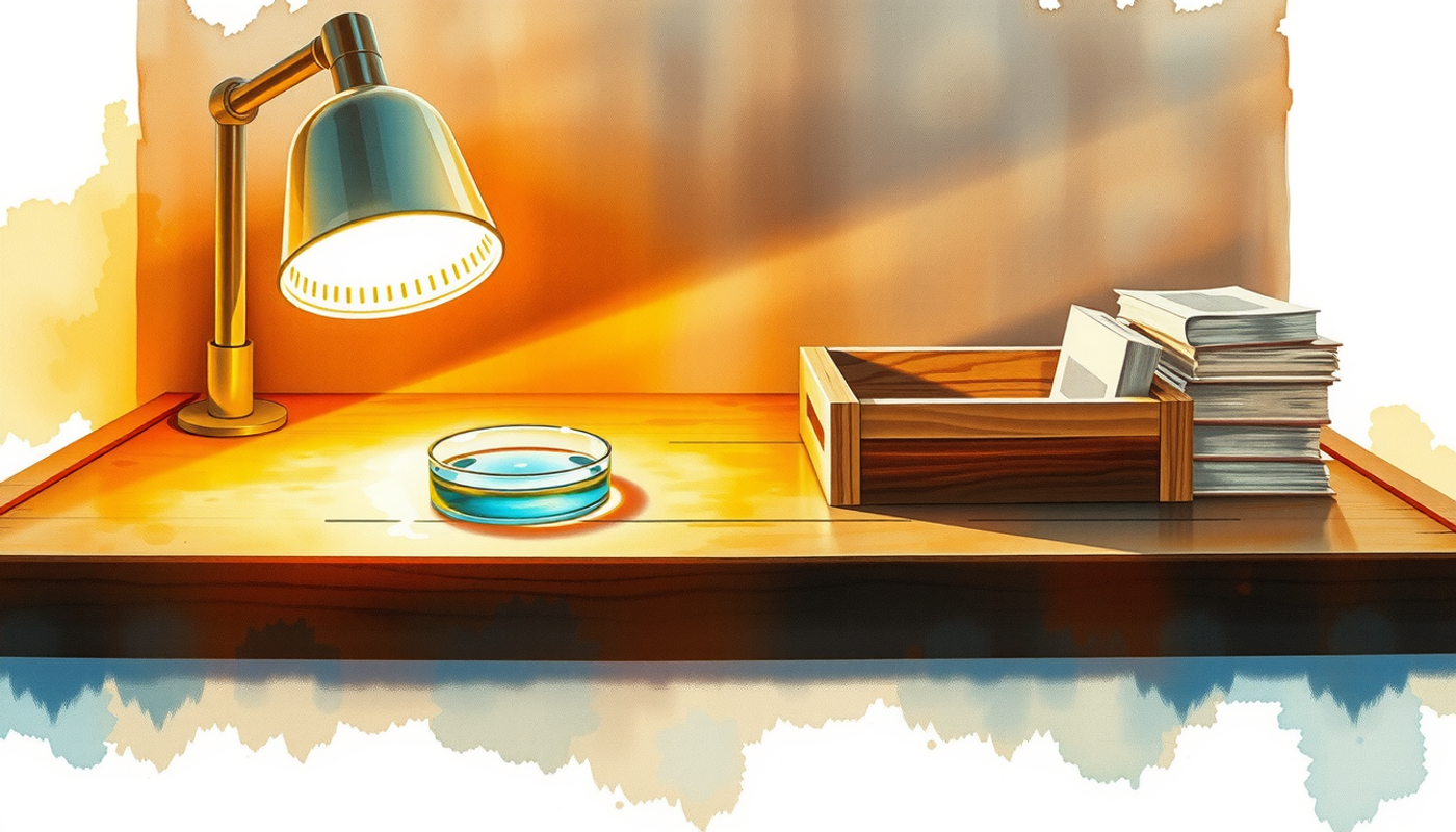 Empty wooden lab bench with glass slides and specimen dish in warm light.