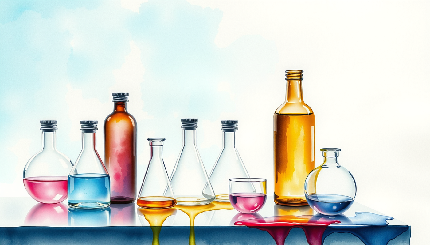 Laboratory bench with glass vials and amber bottle in sterile setting.