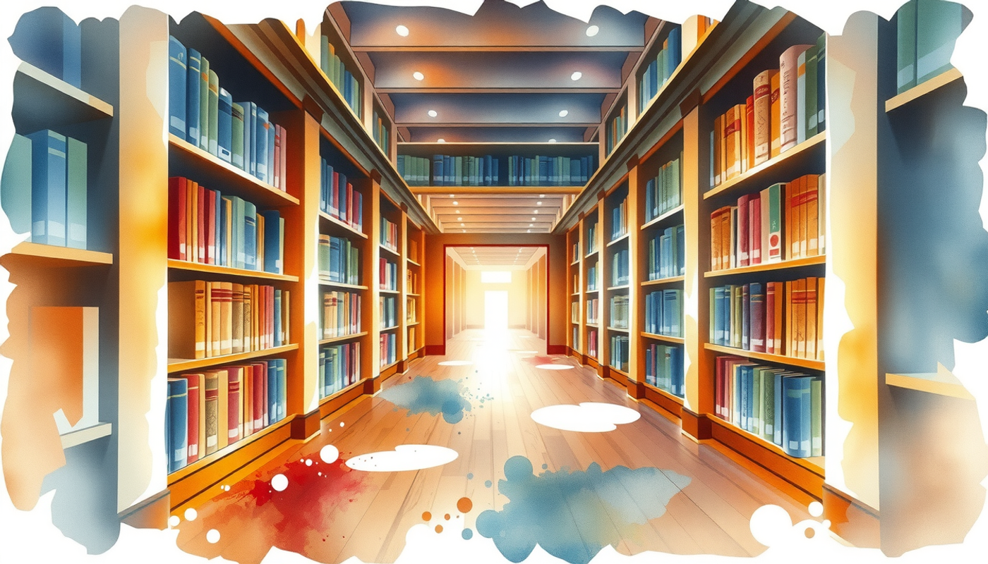 Tall library aisle with wooden shelves and warm lighting.