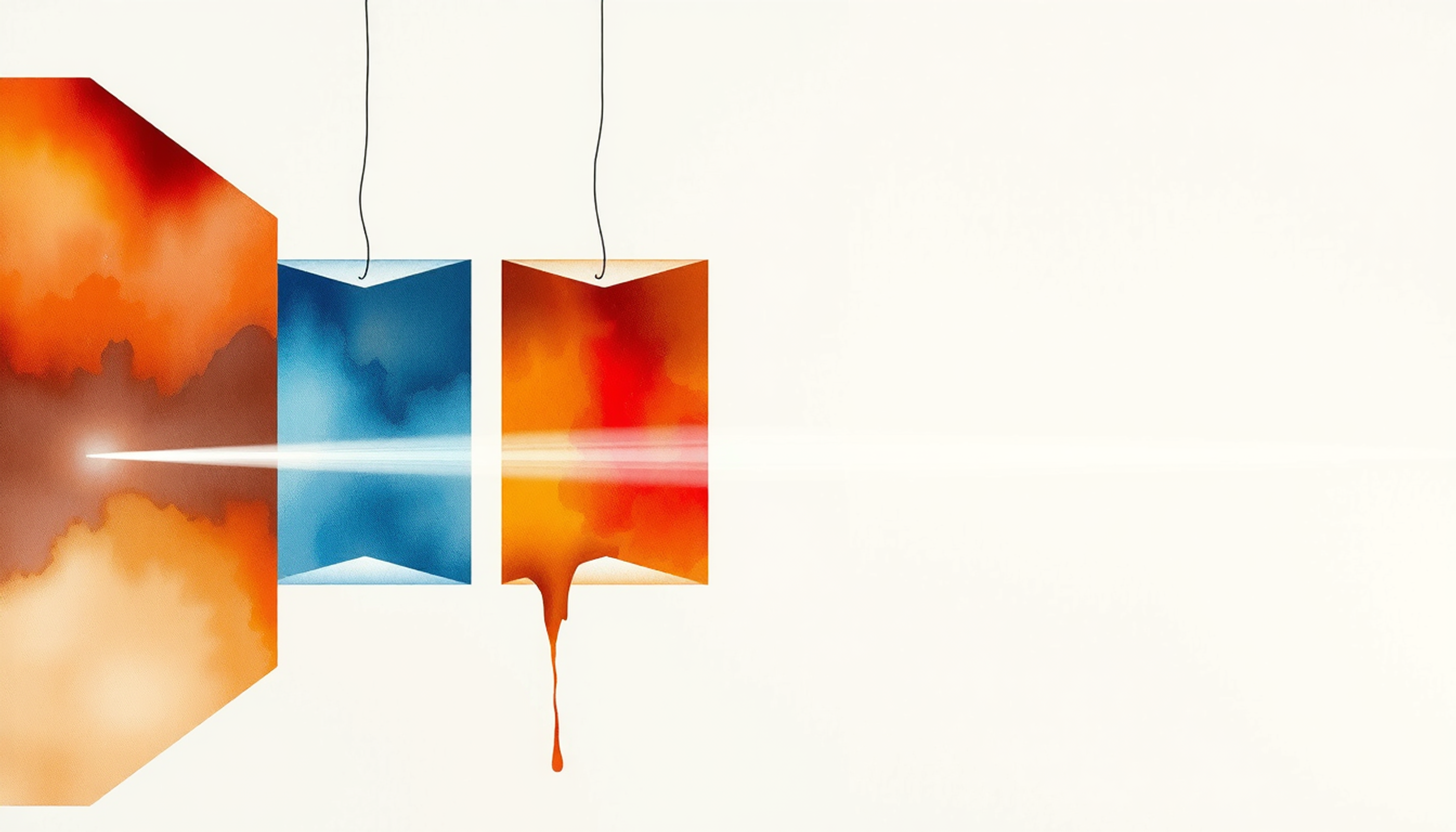 Pale light filtered through three colored translucent layers in a dark chamber.