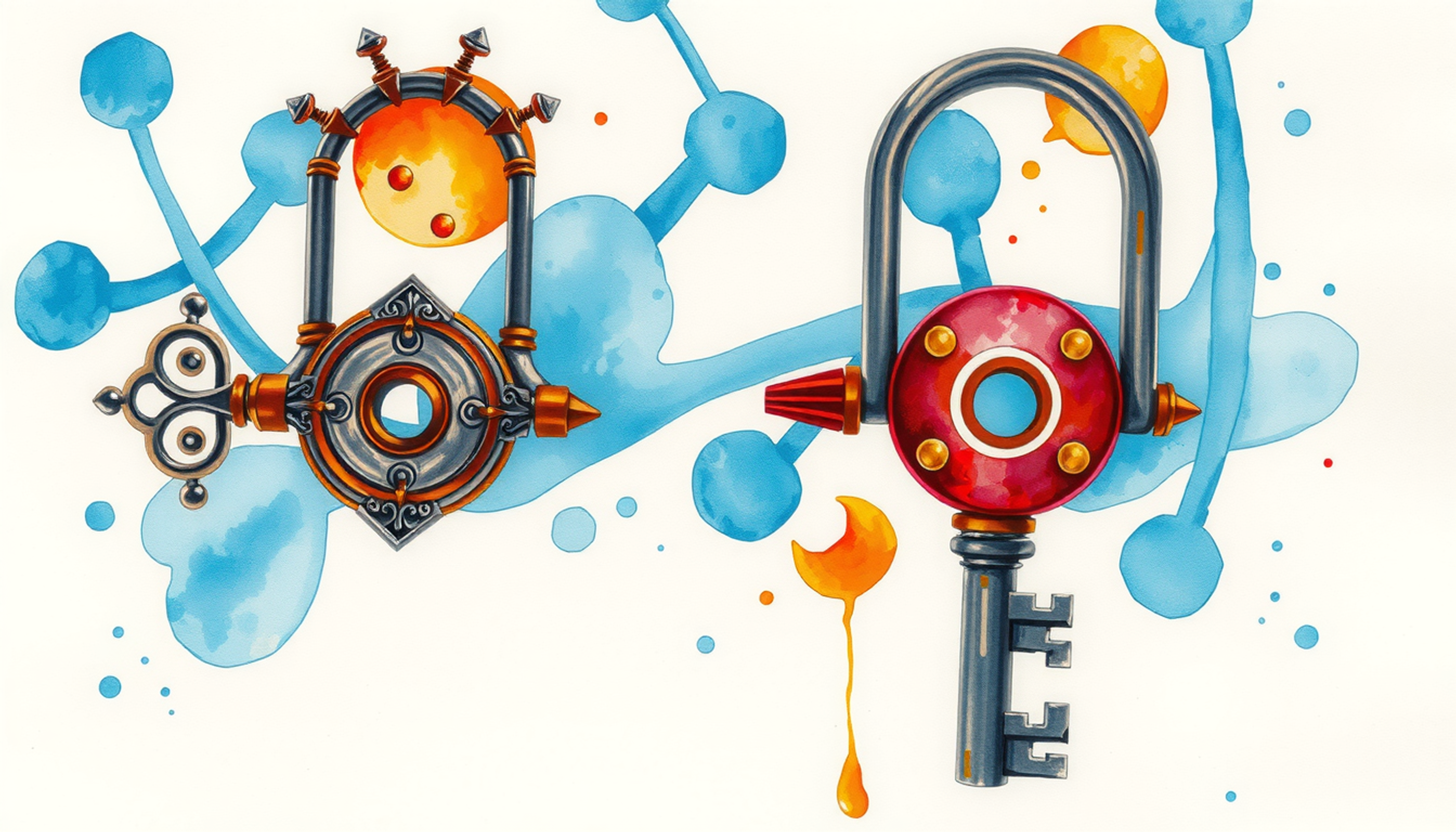 Watercolor diagram of lock-and-key mechanism for semantic and phonemic processing.