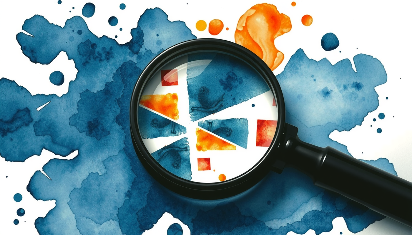 Magnifying glass on dark surface reflecting distorted memories in dramatic lighting.
