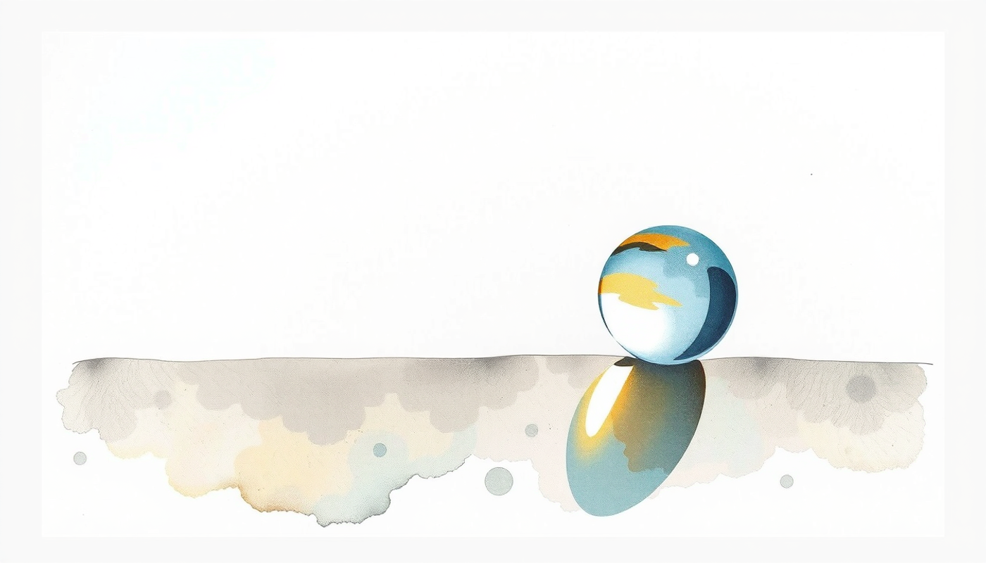 Glass marble in grey ash, reflecting sunlight on a flat plain.