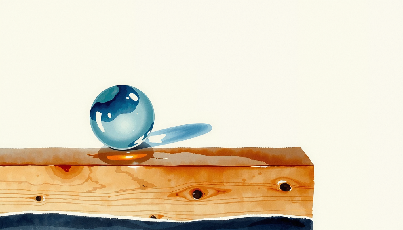 Glass marble poised on wooden table edge, casting a delicate shadow.