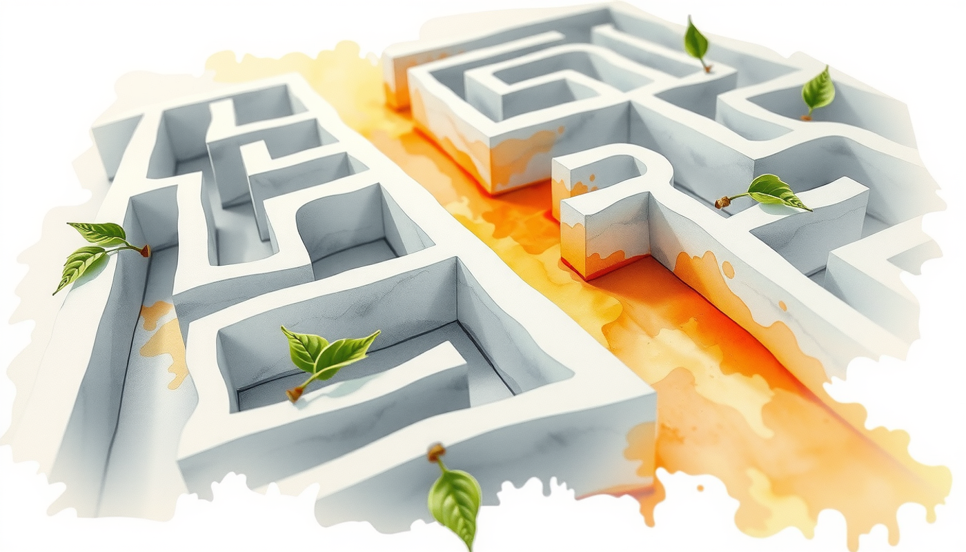 Maze from above with a golden path symbolizing breakthrough and growth.