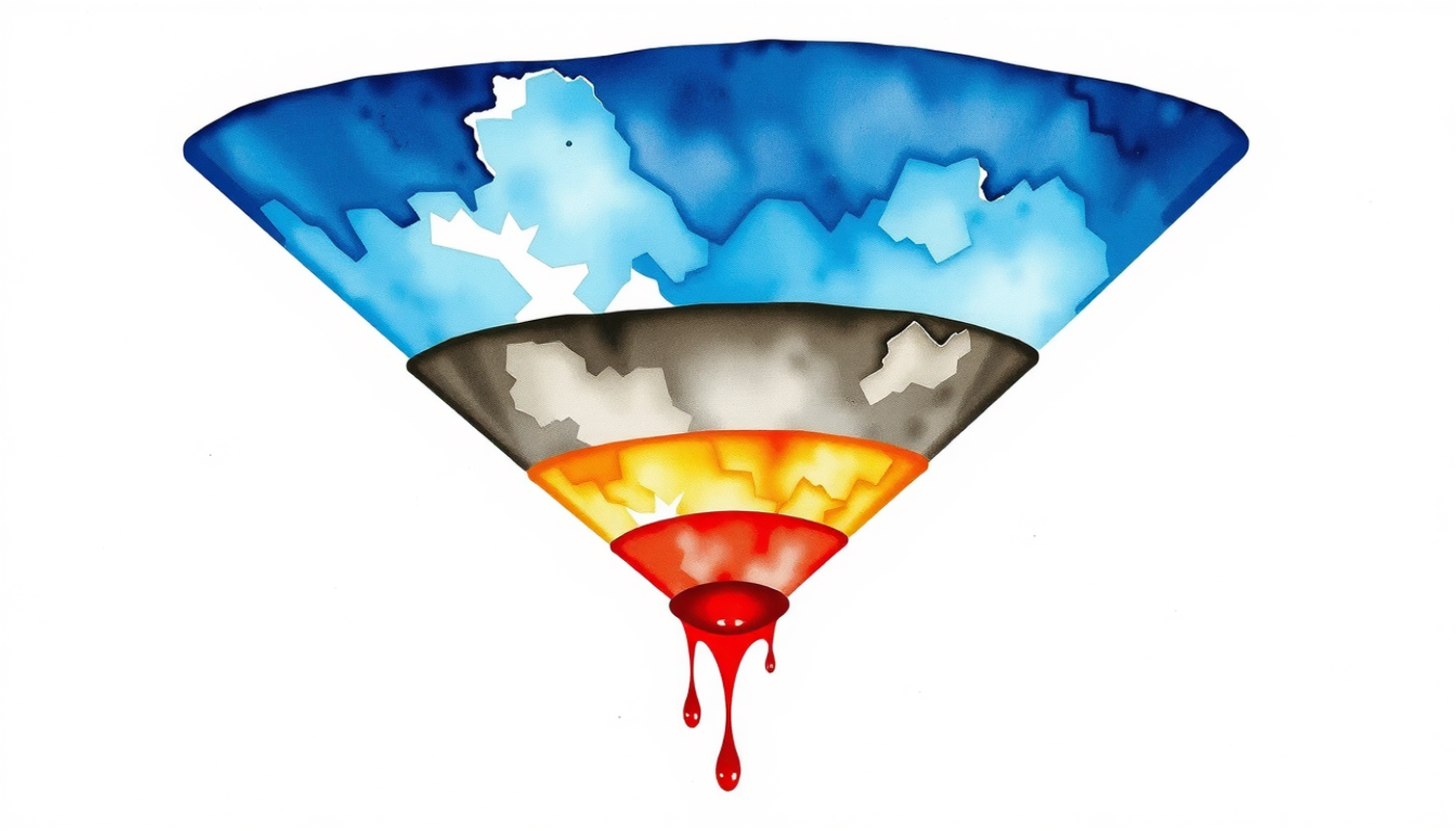 Abstract infographic depicting a funnel of medical errors and patient encounters.