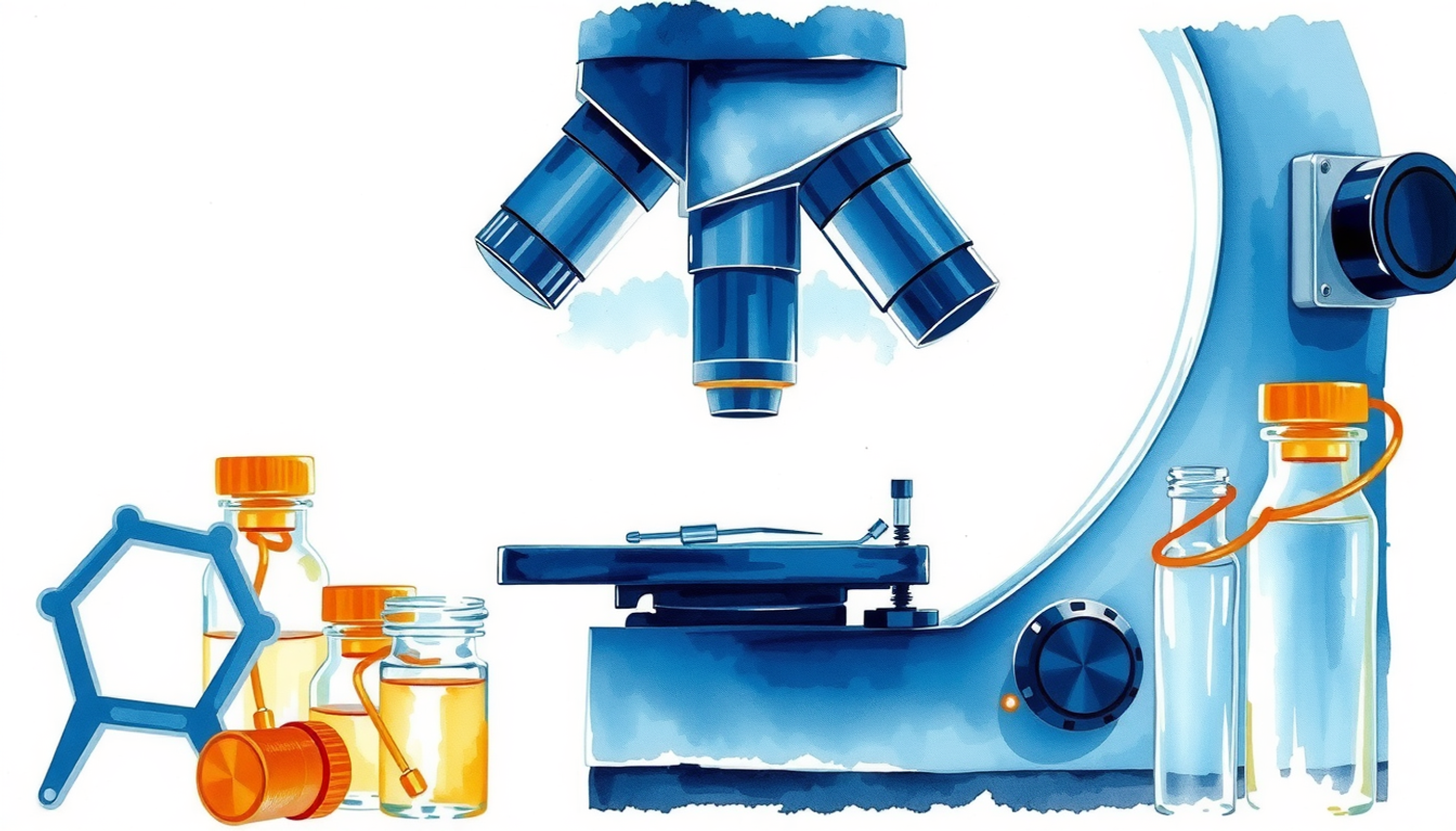 Close-up of a microscope with vials and microinjection needles.