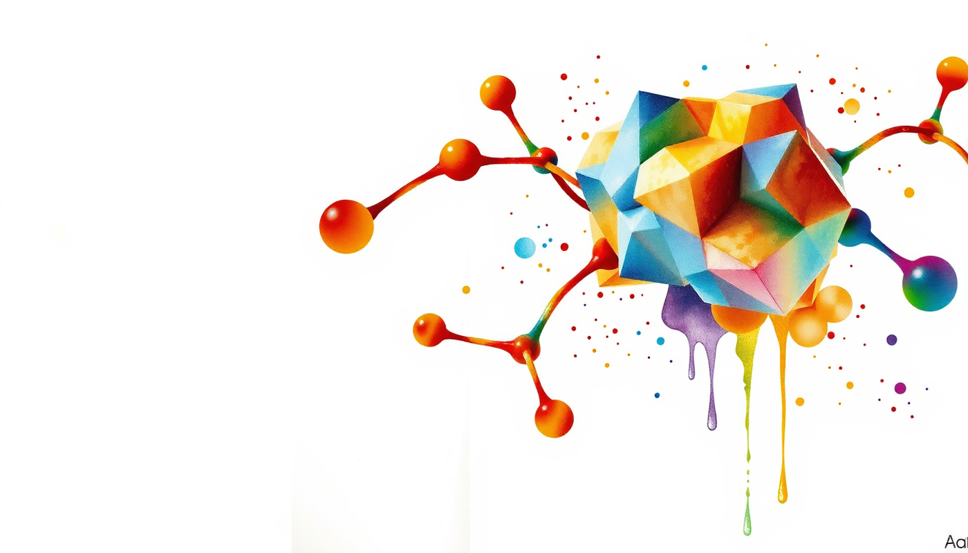 Chemical notation and vibrant molecular model connected by neural links.