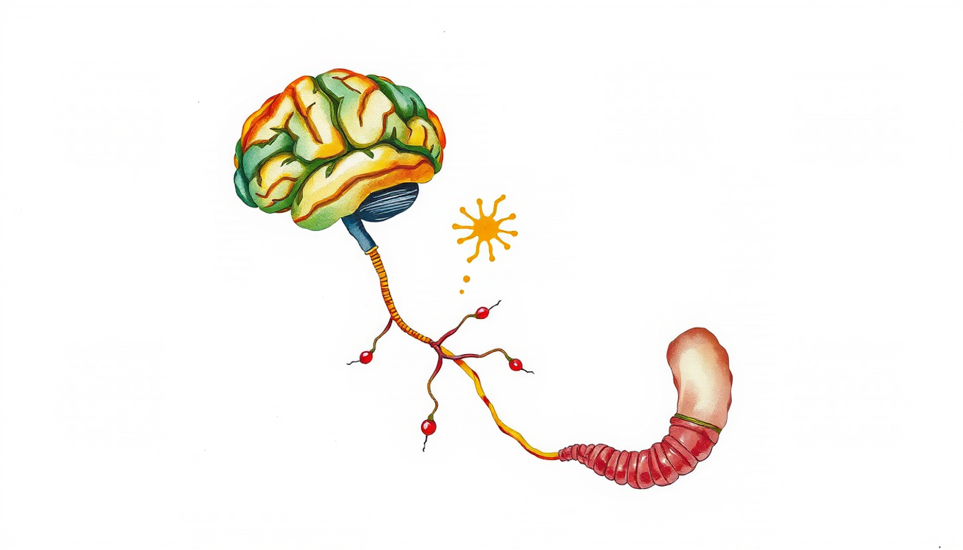 Glowing golden vagus nerve connecting brain and intestinal tract in dark space.
