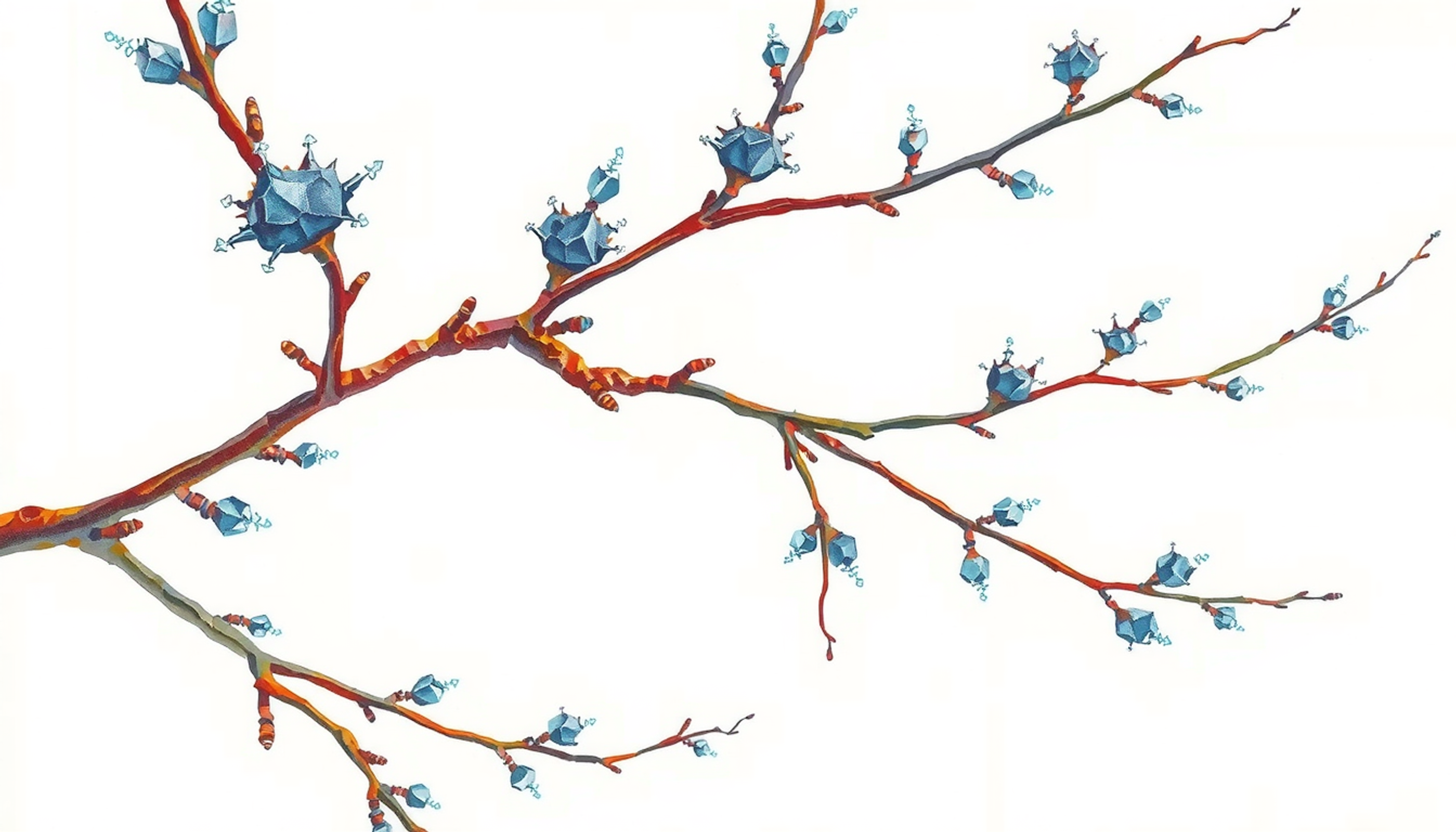 Delicate frost crystals resembling neural dendrites on a dark branch.