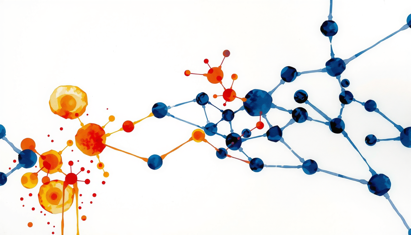 Abstract neural network visualization with prediction signals and error highlights.