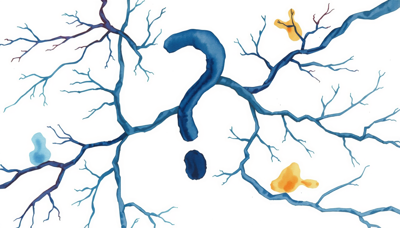 Delicate watercolor question mark formed by glowing and fading neural pathways.