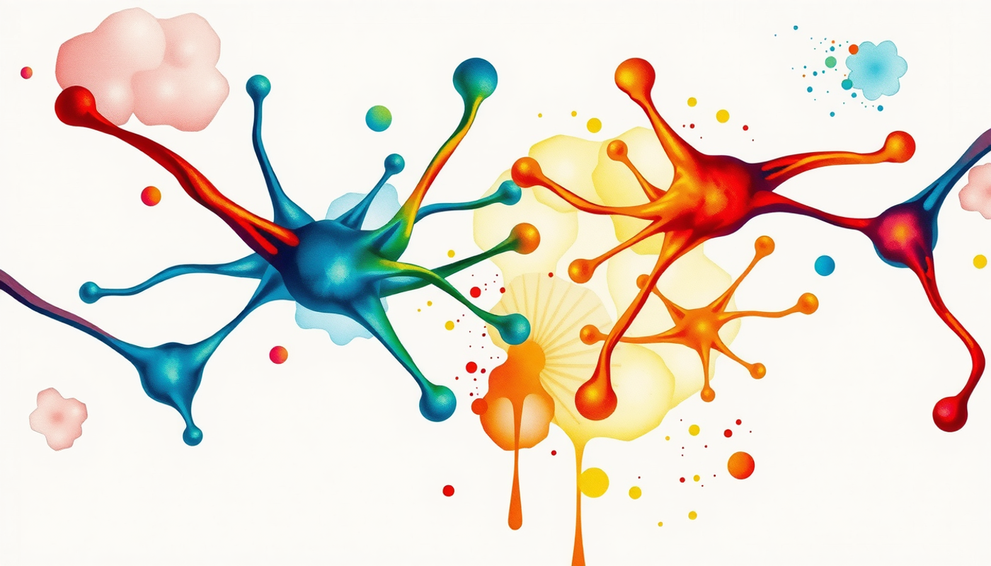 Magnified view of neurons connecting at a synapse with glowing neurotransmitters.