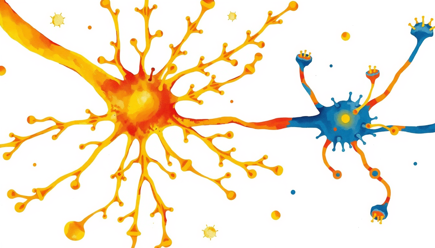 Microscopic view of young and aged neurons connected by a synapse.