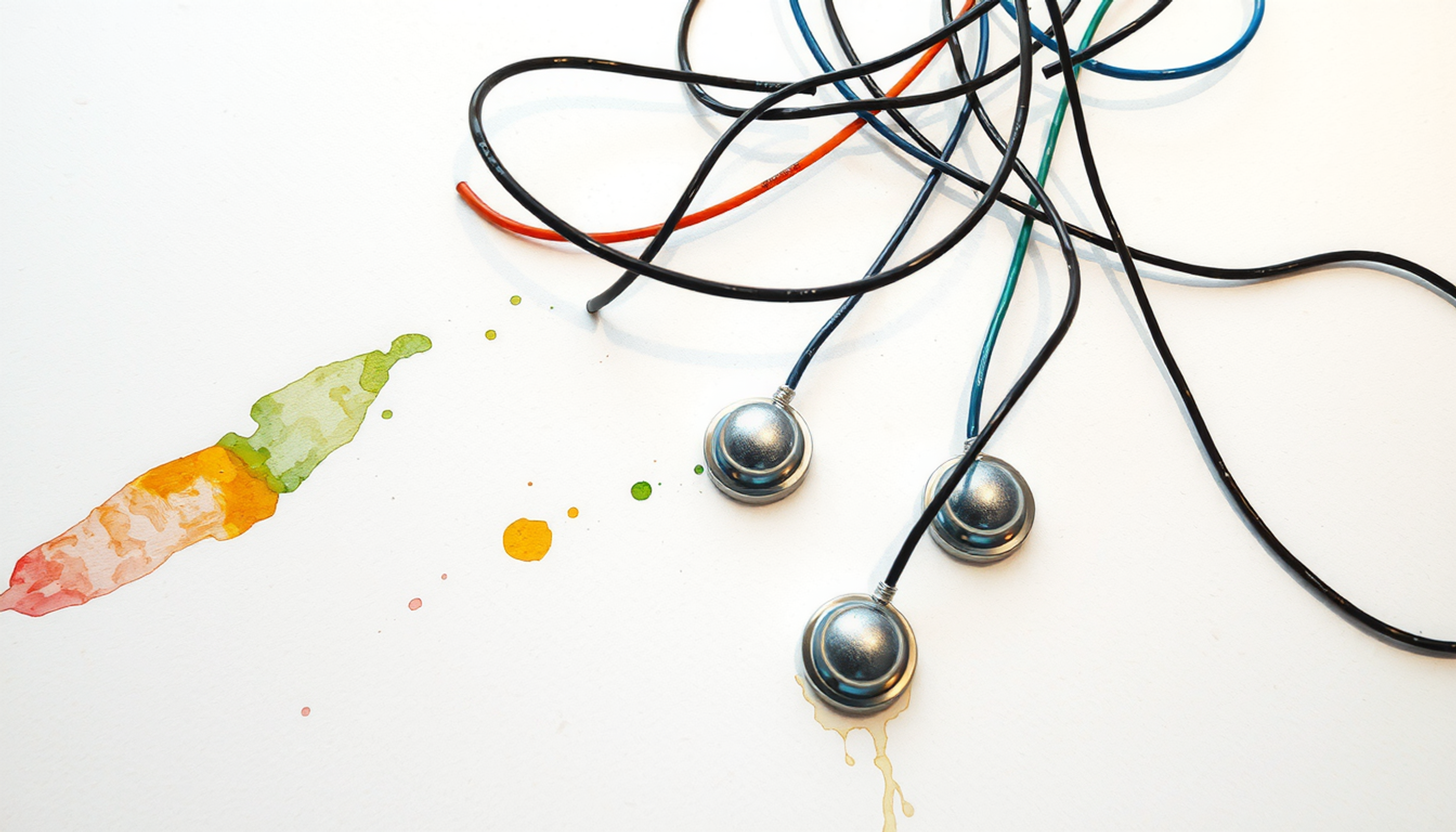 Tangled EEG wires with silver sensors on a dark lab bench.