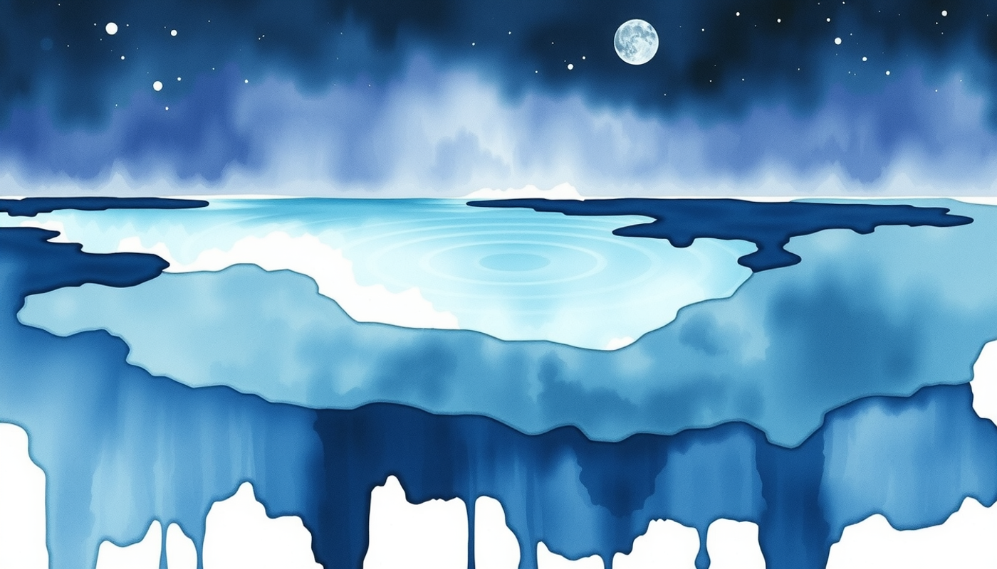 Still water at night with violet horizon and gentle ripples.
