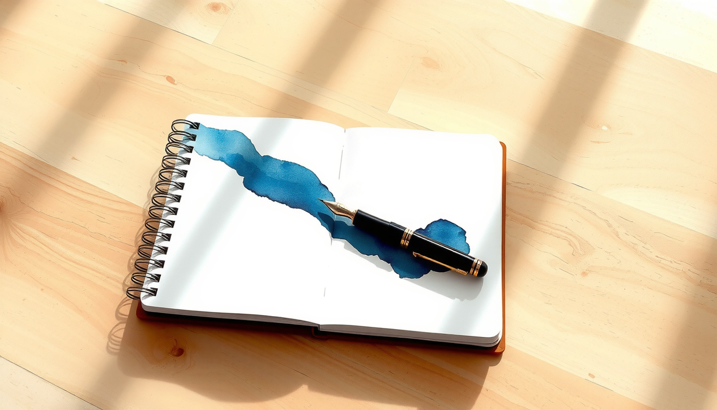 Open blank notebook on wooden desk with abstract ink ribbon.