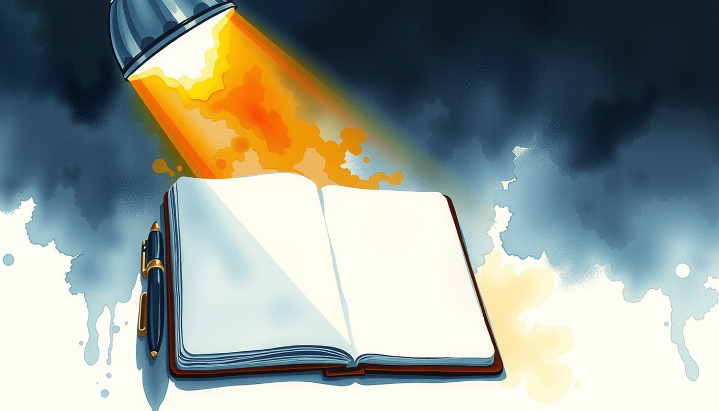 Warm lamplight highlights an open notebook on a dark desk.