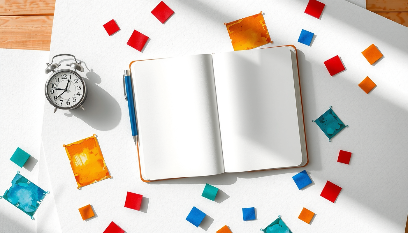 Open notebook on wooden desk with colorful paper squares and clocks.